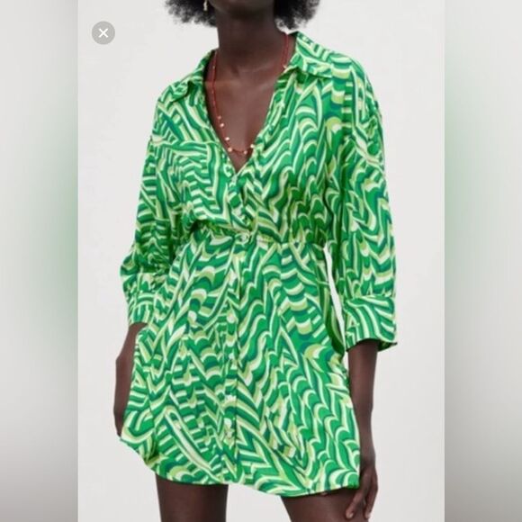 Zara Retro Vibes Green Print Dress Size Medium - Picture 11 of 12